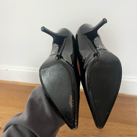 PRADA 25S SQUARE TOE HIGH HEELS IN BLACK PATENT CALFSKIN